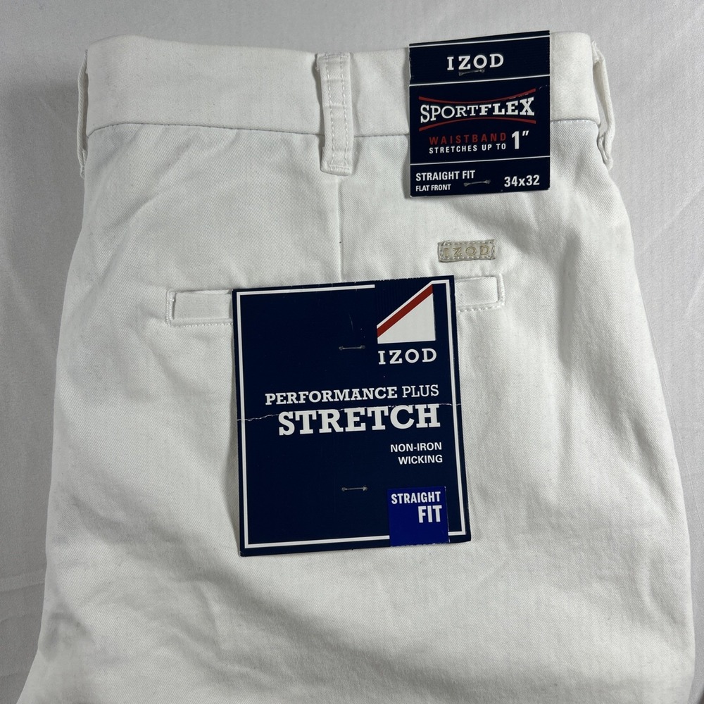 Izod Pants Straight Flat Front Performance Stretch SportFlex Mens 34x32 White